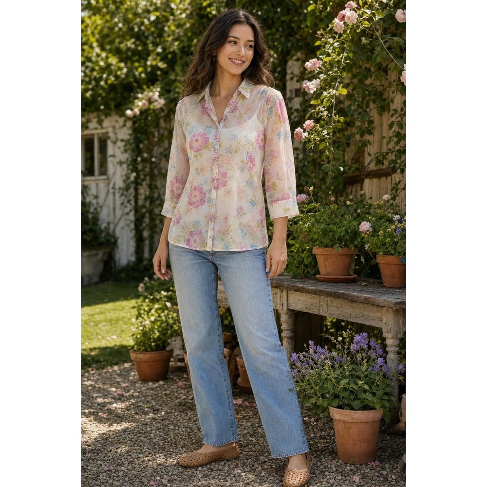 Charter Club Button Up Shirt Women's 10 Sheer Cotton Pastel Floral Cottagecore